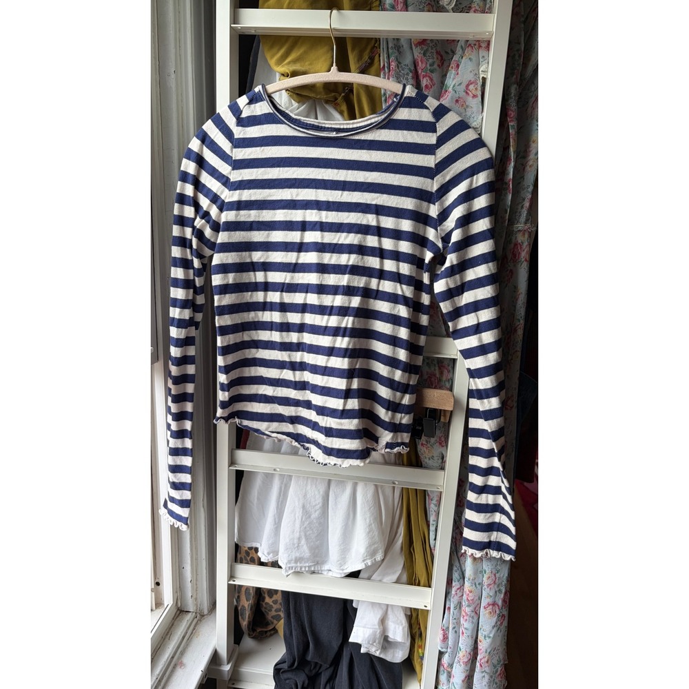 We The Free Long Sleeve Top Womens Small Blue Striped Lettuce Edge Crew Neck